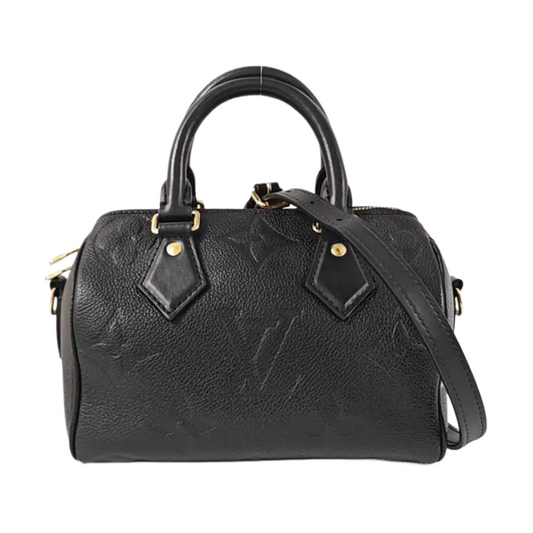 LOUIS VUITTON SPEEDY Medium-sized Black Leather Monogram Embossed Boston Bag Shoulder Bag Golden Hardware Removable Shoulder Strap-(SKU)-969021720