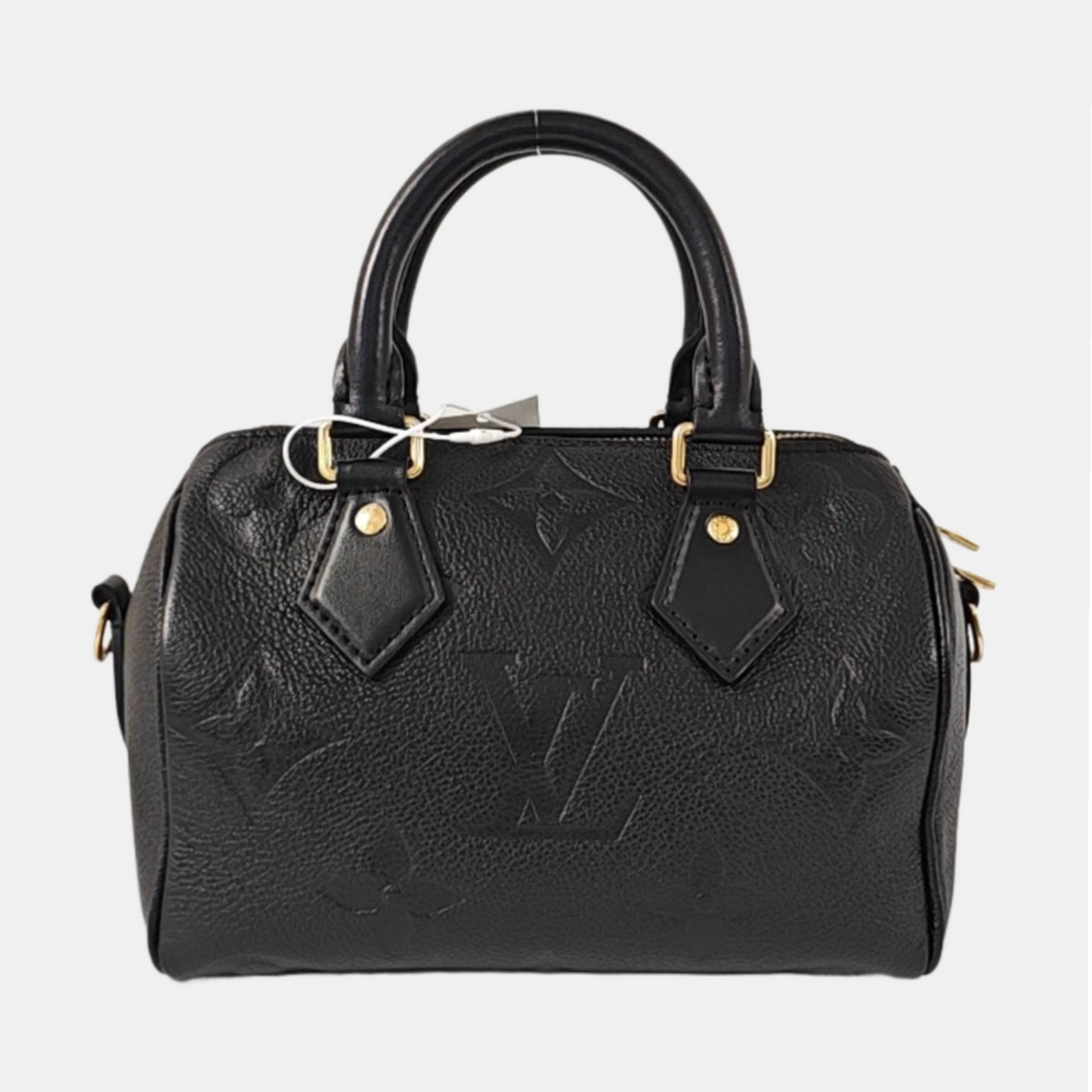 LOUIS VUITTON SPEEDY Medium-sized Black Leather Monogram Embossed Boston Bag Shoulder Bag Golden Hardware Removable Shoulder Strap-(SKU)-969021720