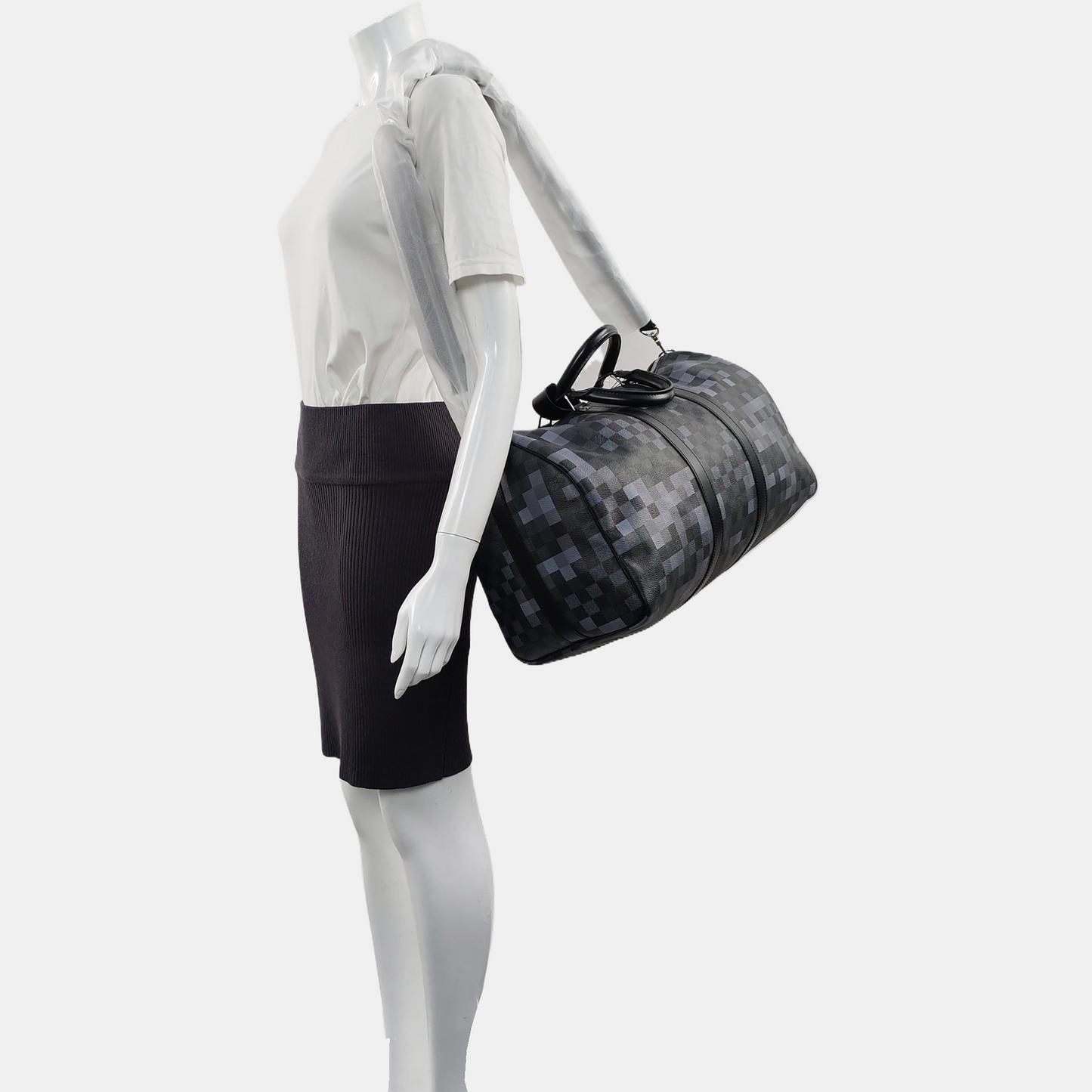 LOUIS VUITTON KEEPALL 50 Grey Coated Canvas Chessboard Pattern Single Shoulder Bag Handbag Crossbody Bag Detachable Strap-(SKU)-969251083