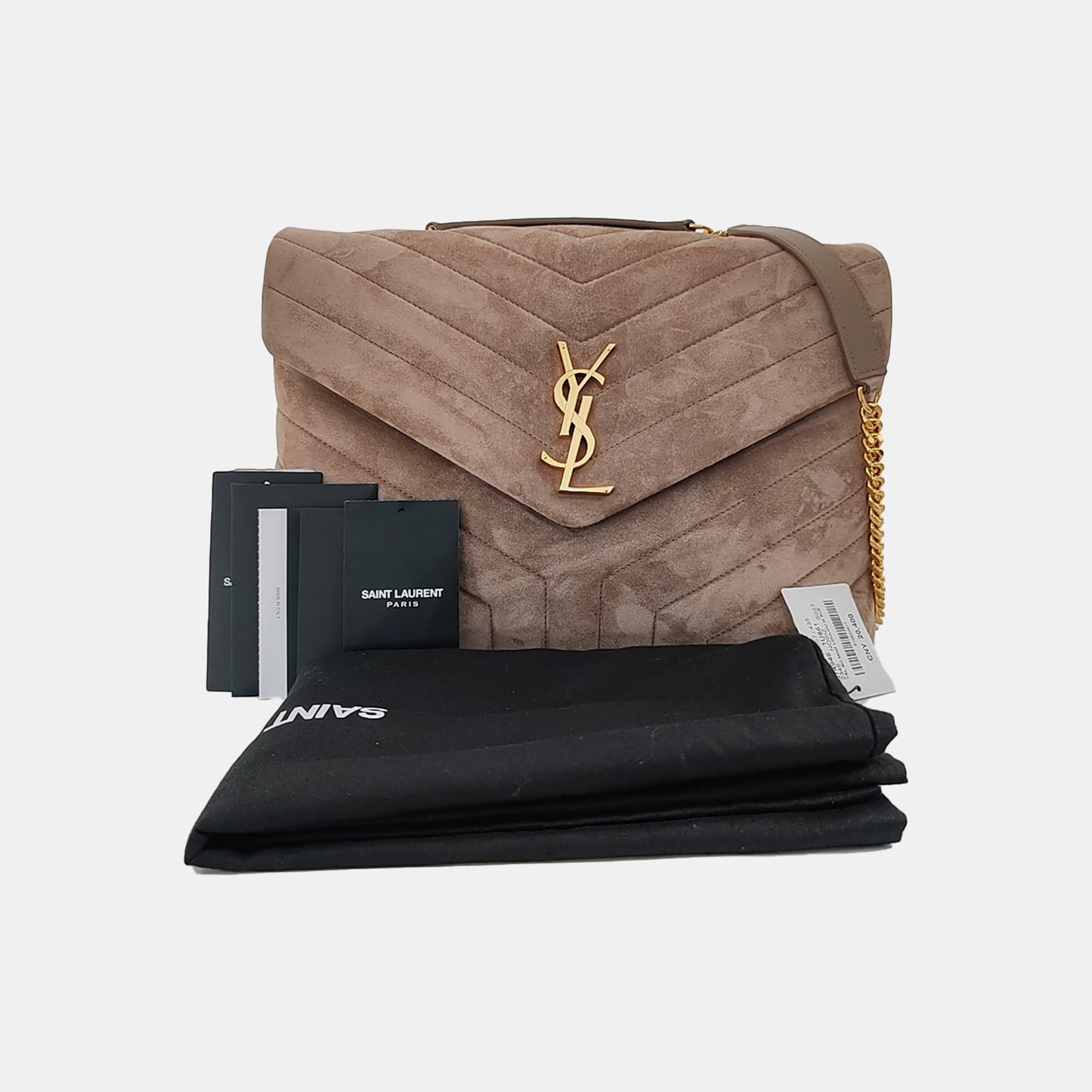 YSL LOULOU Medium Size Taupe Suede Quilted V-Stitch Shoulder Bag Crossbody Bag Golden Hardware-(SKU)-968011194