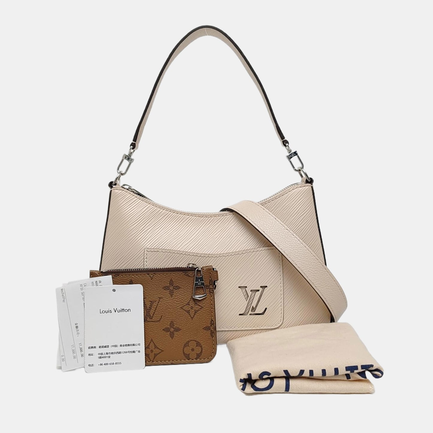 LOUIS VUITTON MARELLE White EPI Leather Wave Pattern Shoulder Bag Crossbody Handbag with Silver Hardware and 2 Detachable Straps-(SKU)-969150046