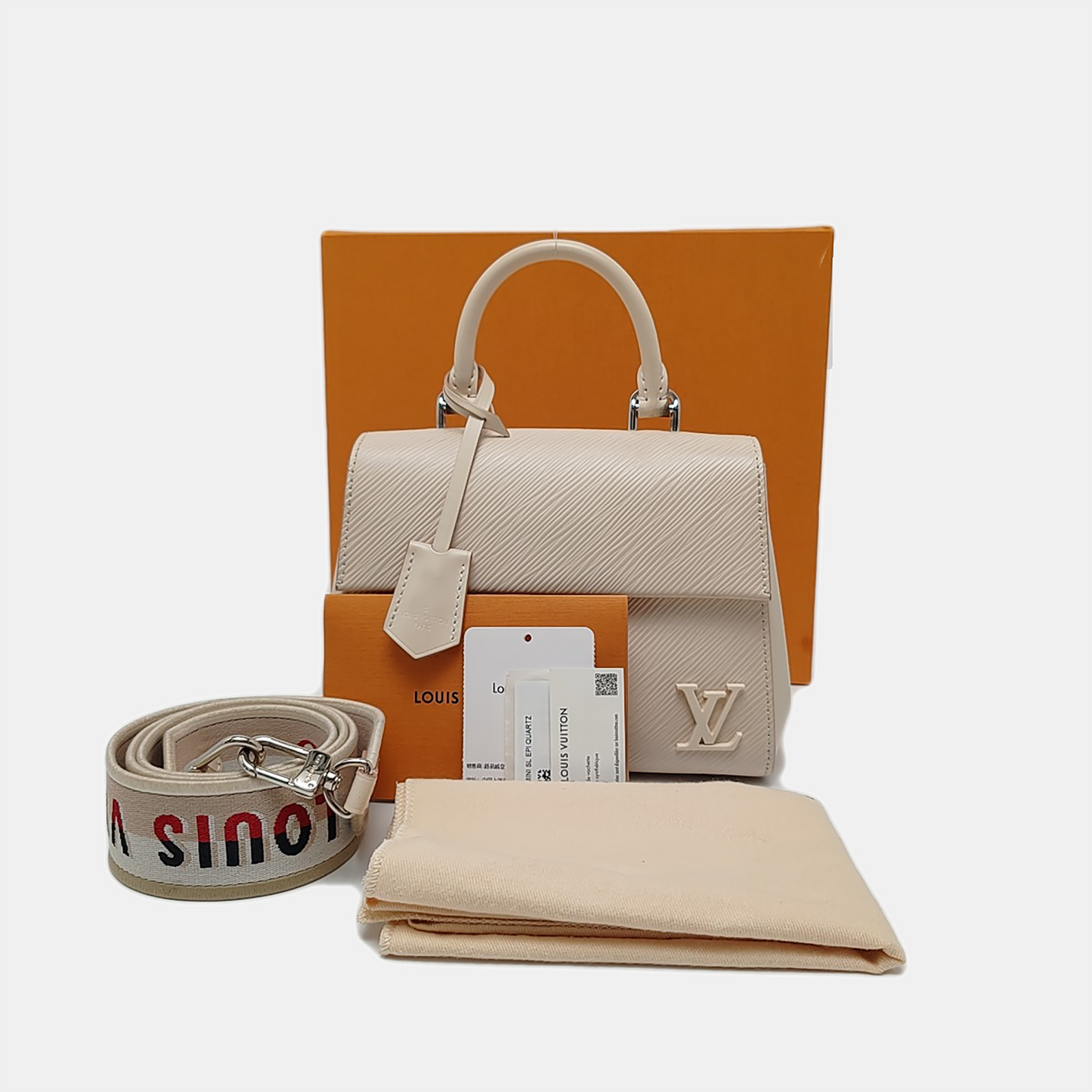 LOUIS VUITTON CLUNY Mini Size Beige EPI Calfskin Water Ripple Pattern Shoulder Bag Tote Bag Crossbody Bag Silver Hardware Removable Strap Included Accessories Complete-(SKU)-969178861