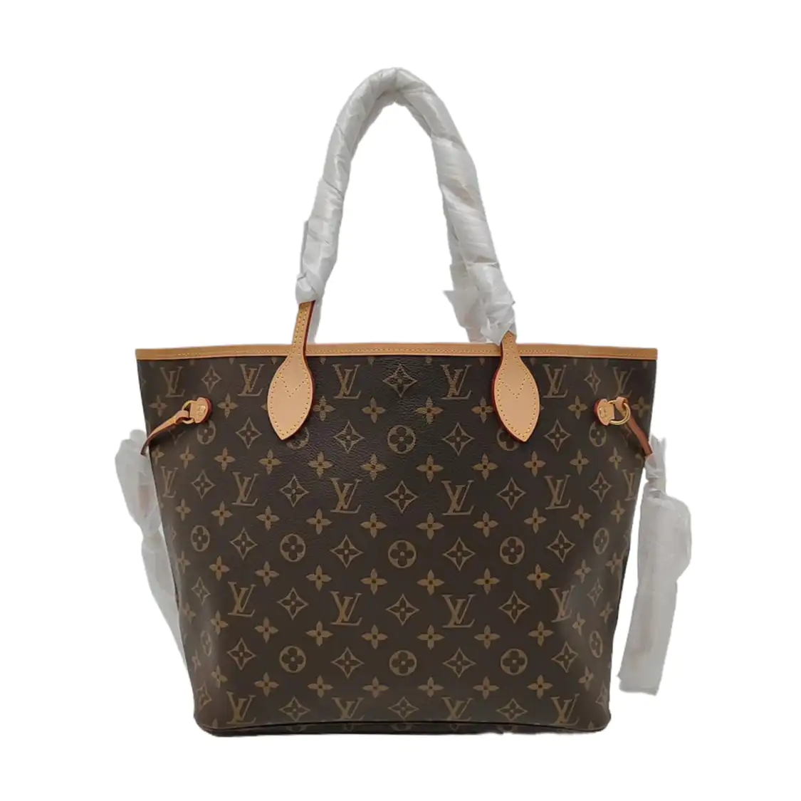 LOUIS VUITTON NEVERFULL Medium Size Brown Coated Canvas Monogram Shopping Bag Shoulder Bag Handbag with Complete Accessories Gold Hardware-(SKU)-956798304