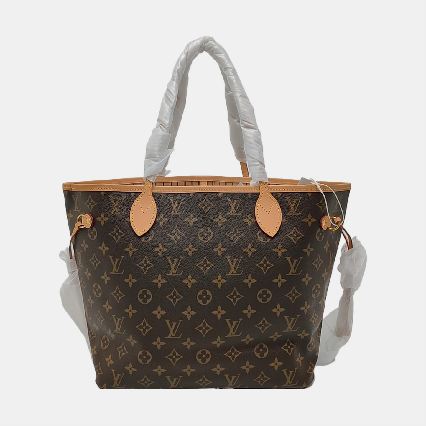 LOUIS VUITTON NEVERFULL Medium Size Brown Coated Canvas Monogram Shopping Bag Shoulder Bag Handbag with Complete Accessories Gold Hardware-(SKU)-956798304