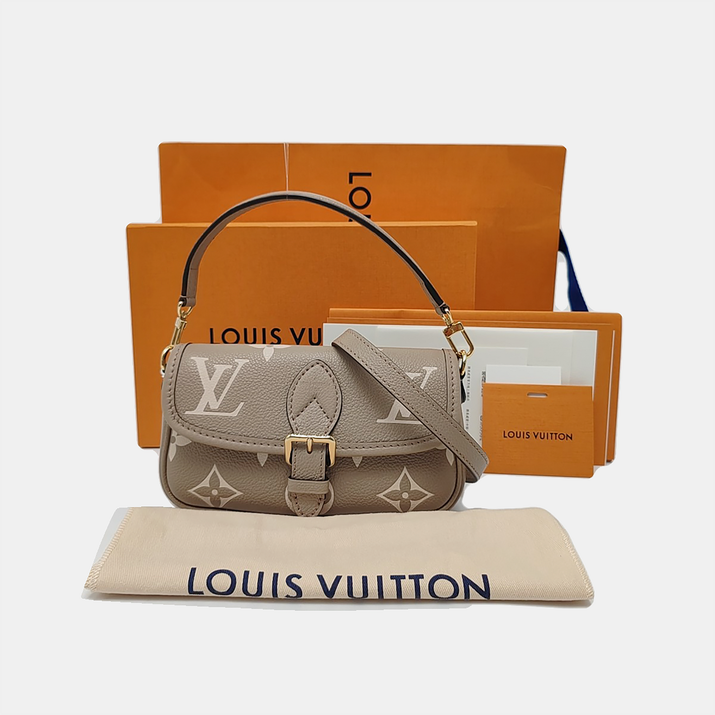 LOUIS VUITTON DIANE Nano Grey Calfskin Monogram Shoulder Bag Crossbody Bag Handbag Gold Hardware 2 Removable Straps Accessories Included-(SKU)-969434726