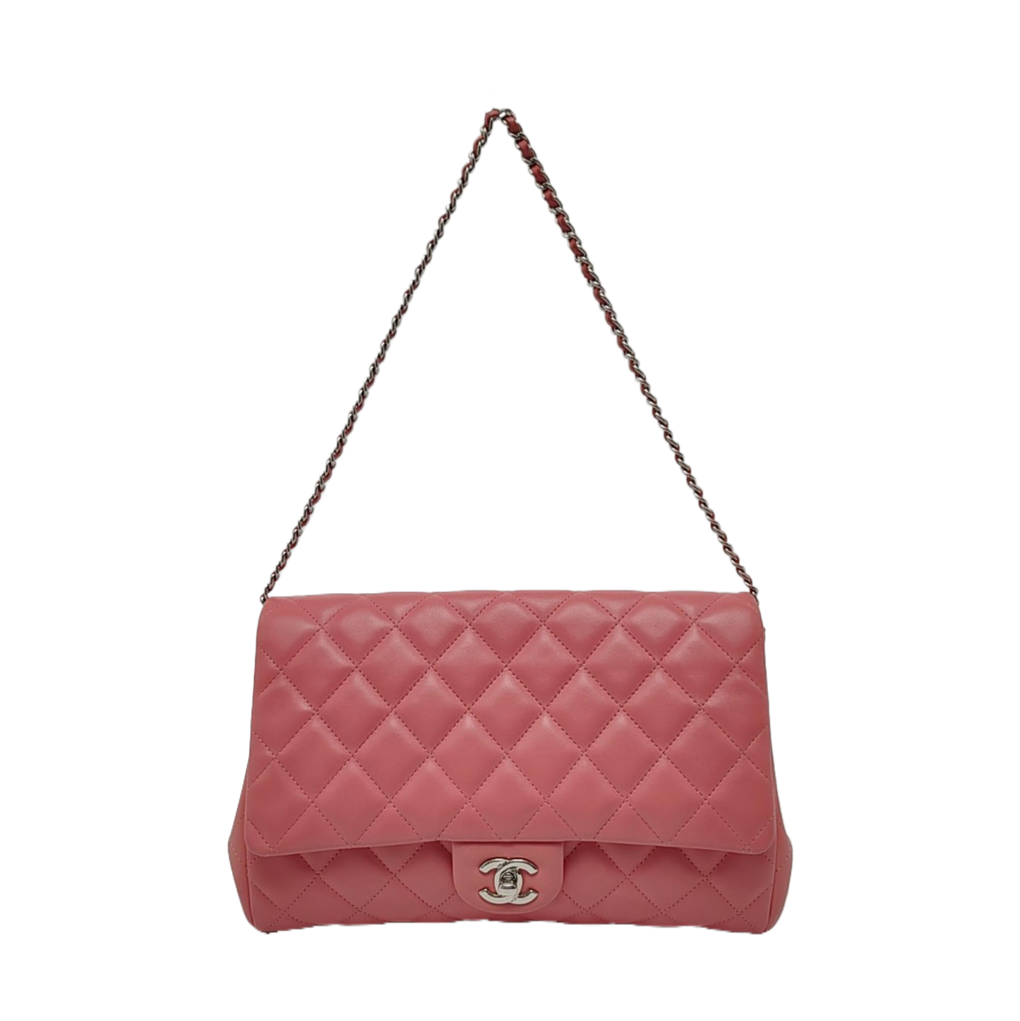 CHANEL CLASSIC FLAP Pink Lamb Leather Quilted Chevron Shoulder Bag Silver Hardware 18 Openings Complete Accessories-(SKU)-969451991