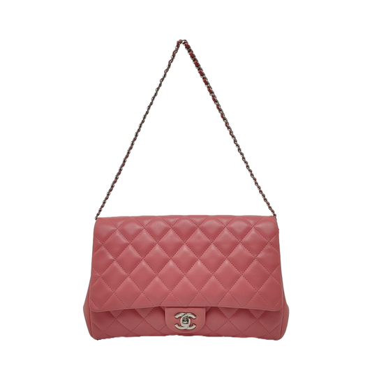 CHANEL CLASSIC FLAP Pink Lamb Leather Quilted Chevron Shoulder Bag Silver Hardware 18 Openings Complete Accessories-(SKU)-969451991