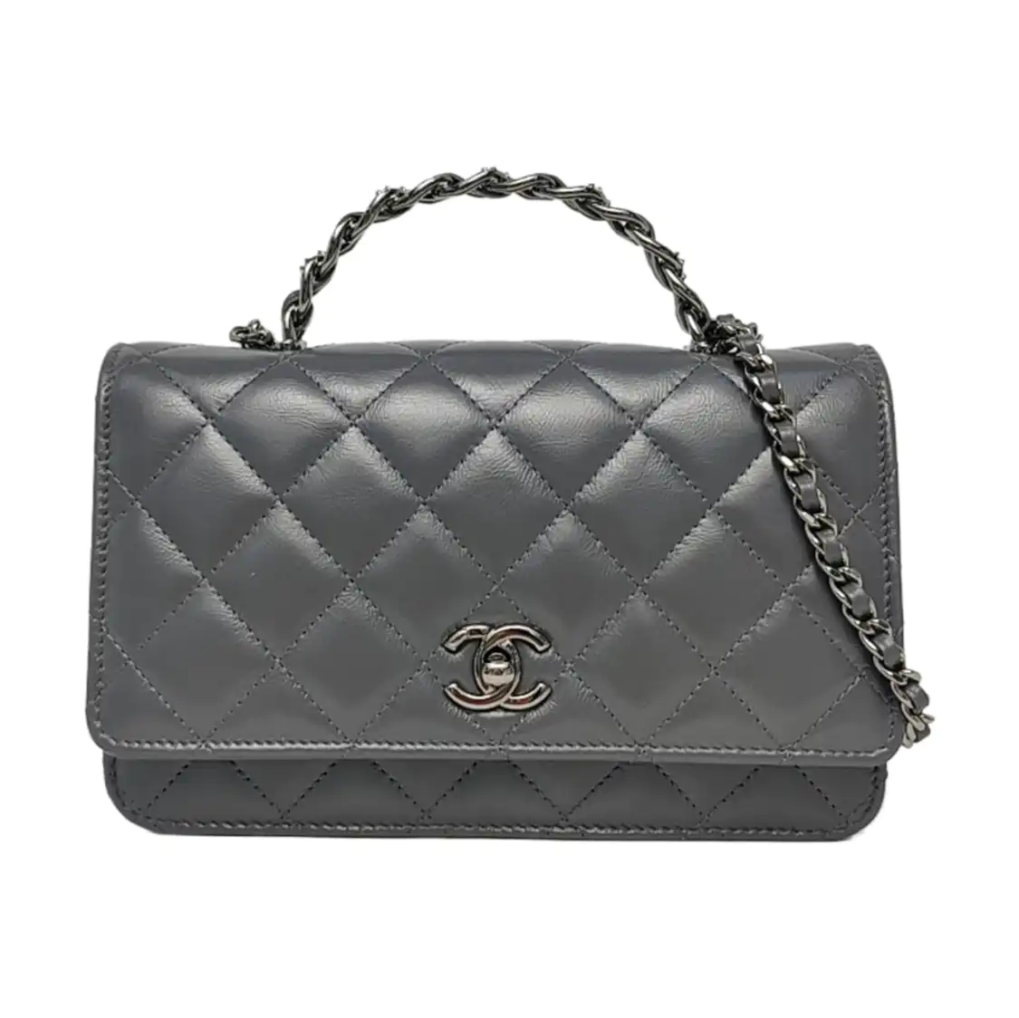 CHANEL WOC Gray Calfskin Quilted Lambskin Shoulder Bag Crossbody Bag Handbag with Silver Hardware-(SKU)-969393212