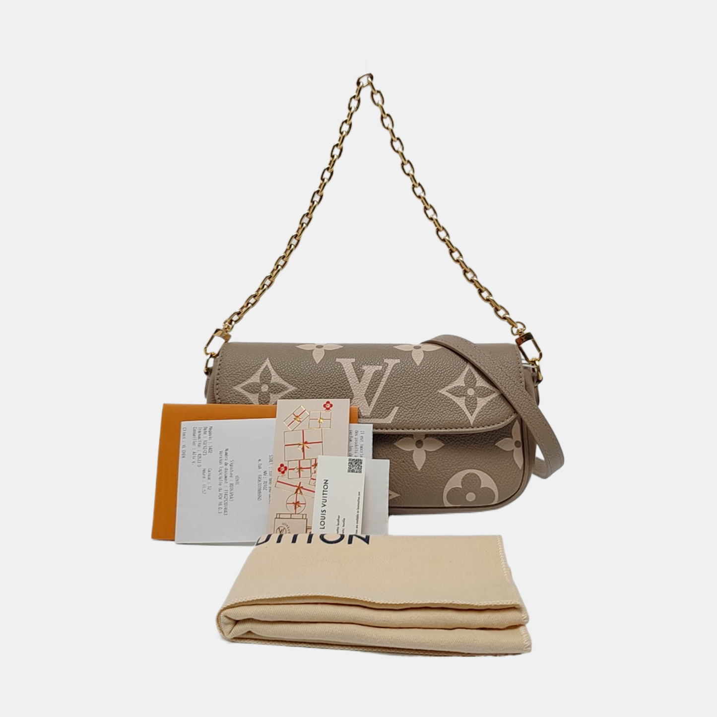 LOUIS VUITTON IVY Gray Calfskin Monogram Crossbody Shoulder Bag Tote Bag Gold Hardware 2 Removable Shoulder Straps-(SKU)-969517400