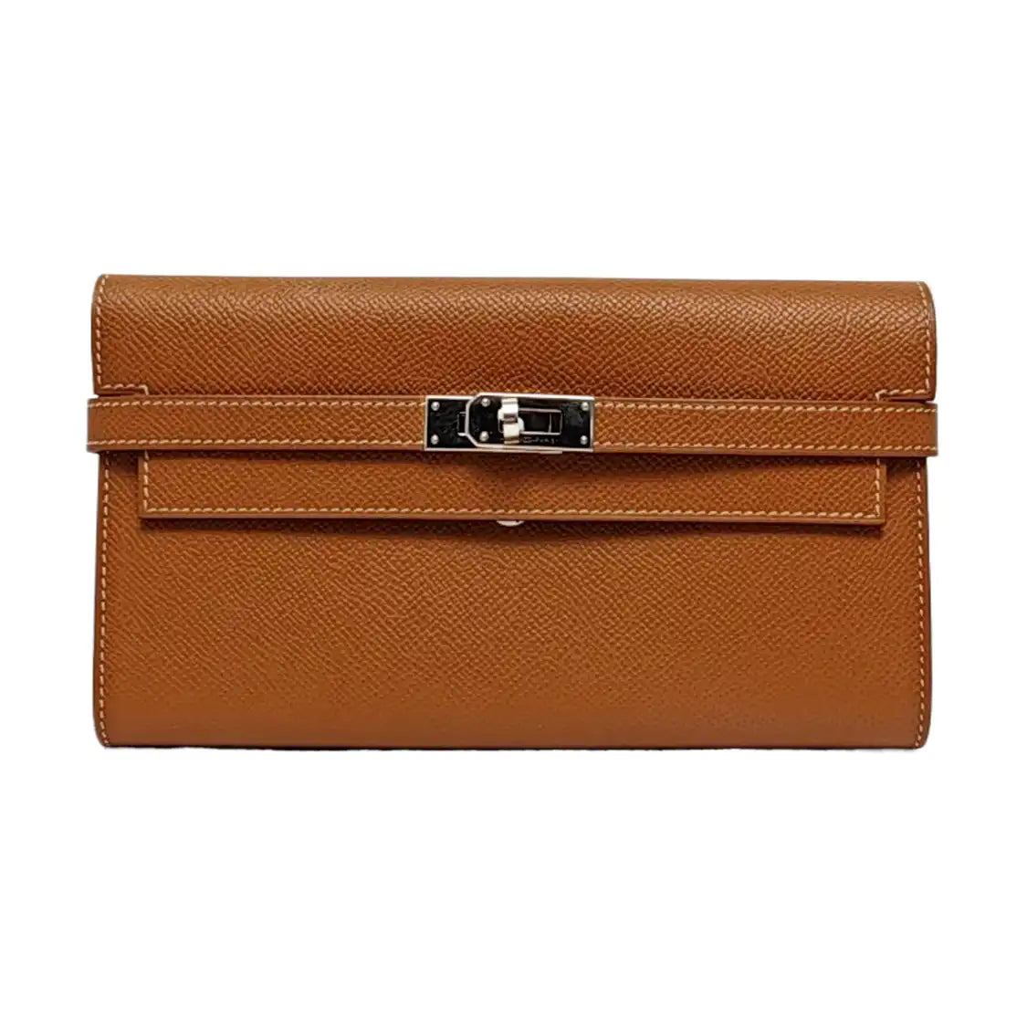 HERMÈS Kelly Gold Brown Epsom Calfskin Wallet with Silver Hardware D-(SKU)-969641631