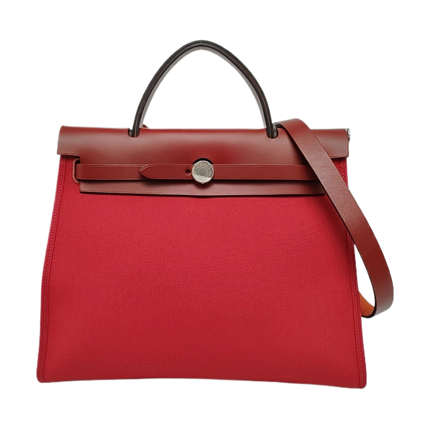HERMÈS Herbag 31 Hermes Red Canvas Shoulder Bag Handbag Silver Hardware Y Engraving Removable Strap-(SKU)-970274118
