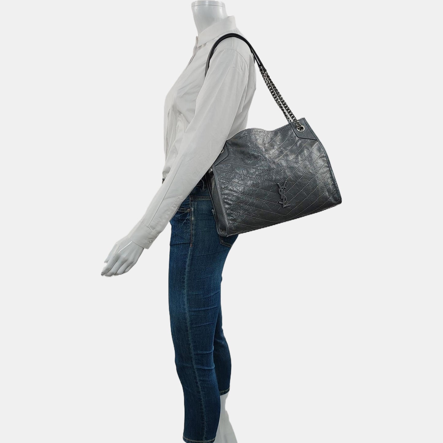 YSL NIKI Medium Size Dark Grey CalfskinSingle Shoulder Bag Tote with Palladium Hardware-(SKU)-970510636