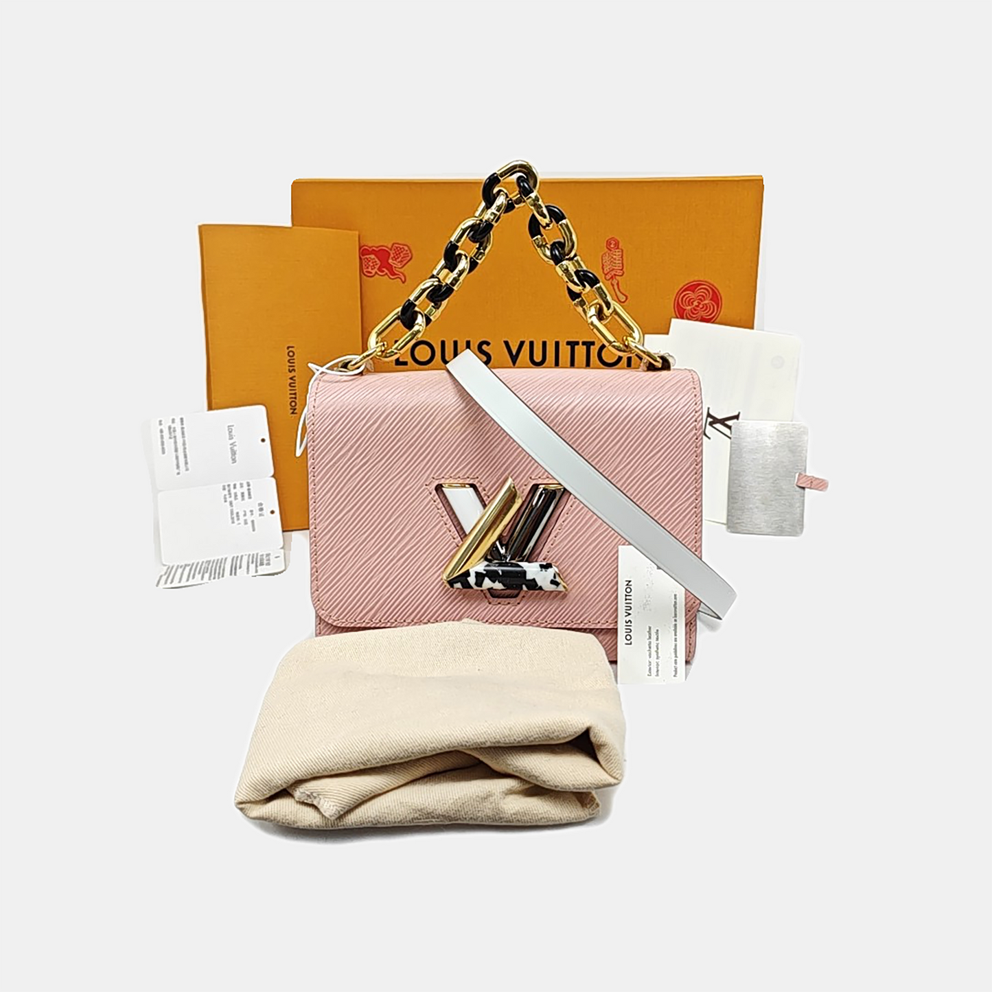 LOUIS VUITTON TWIST Small Pink EPI Leather Water Ripple Crossbody Bag, Shoulder Bag, Handbag, Gold Hardware, 2 Detachable Shoulder Straps, Accessories Included-(SKU)-971017313