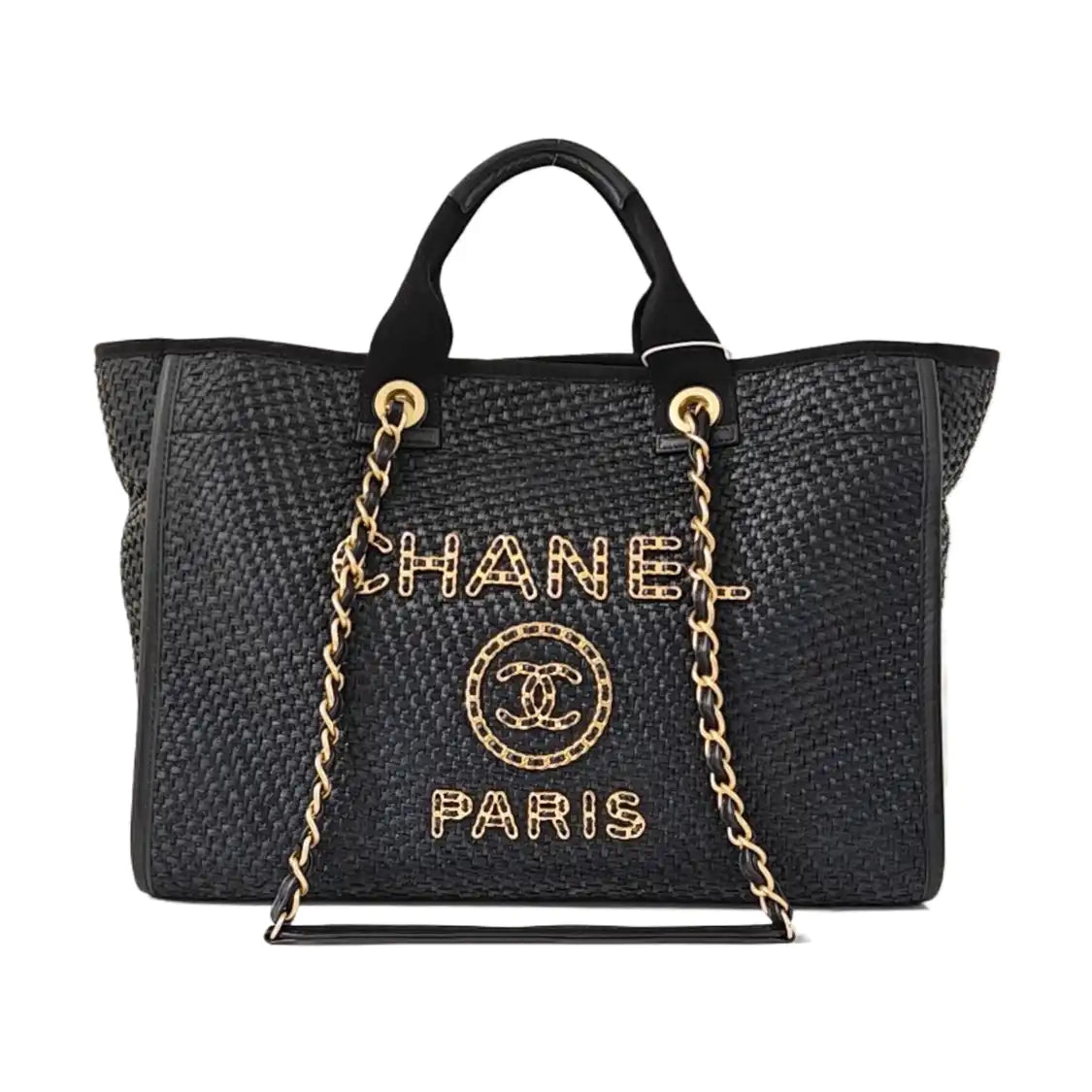 CHANEL DEAUVILLE large size black special material woven beach bag, shoulder bag, handbag with gold hardware and 31 chain links-(SKU)-971090385