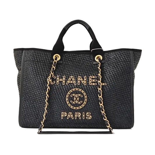 CHANEL DEAUVILLE large size black special material woven beach bag, shoulder bag, handbag with gold hardware and 31 chain links-(SKU)-971090385