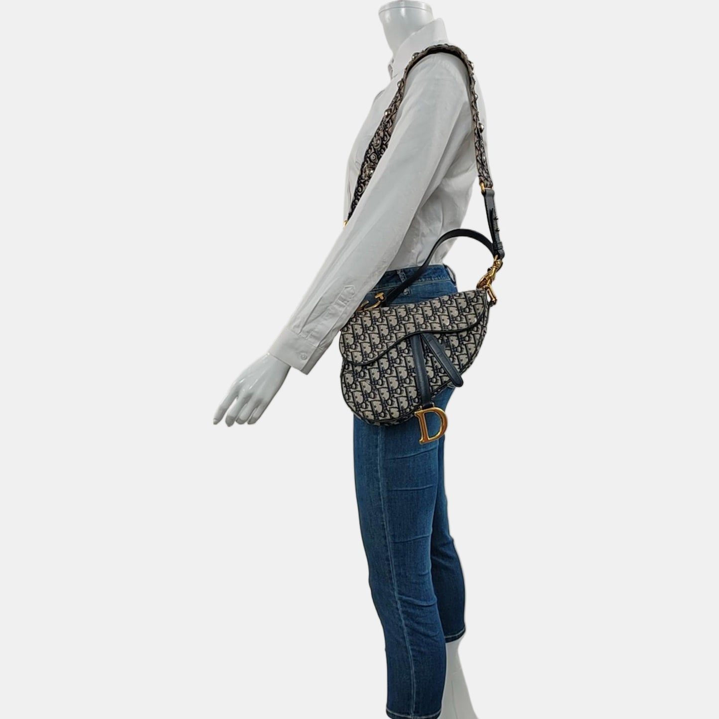 DIOR Saddle Small Blue Canvas Monogram Damier Embossed Saddle Bag, Shoulder Bag, Golden Hardware, Removable Strap-(SKU)-971349303