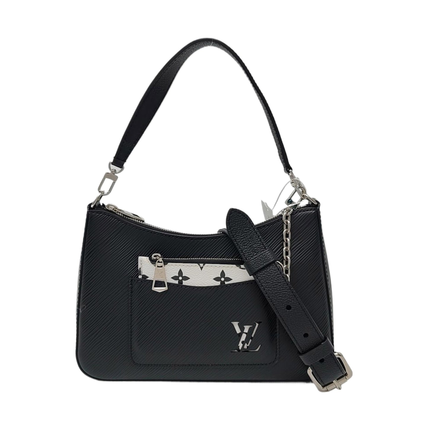 LOUIS VUITTON MARELLE Black EPI Leather Water Ripple Shoulder Bag with Shoulder Strap and Handle, Silver Hardware, Detachable Strap-(SKU)-933629695