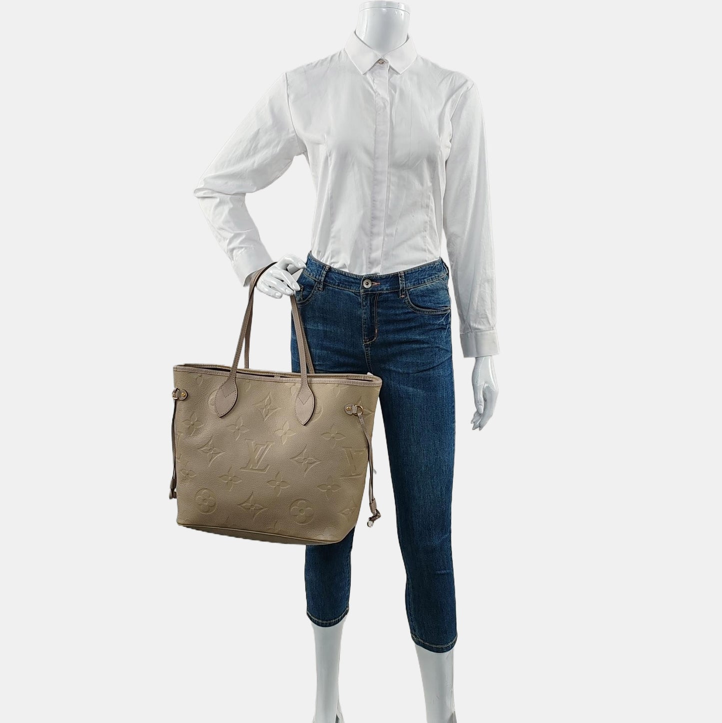 LOUIS VUITTON NEVERFULL Medium Grey Leather Damier Canvas Shopping Bag Crossbody Shoulder Bag Golden Hardware Pockets Complete Accessories-(SKU)-959280840