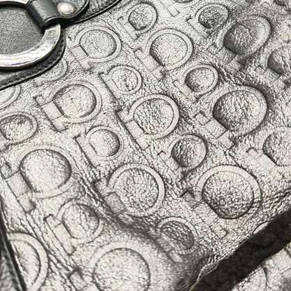 FERRAGAMO Marissa Dark Gray Fabric Textured Handbag Silver Hardware-(SKU)-928999227