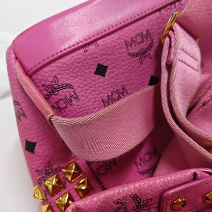 MCM STARK  Small size Pink Coated Canvas Studs Double Shoulder Bag Golden hardware-(SKU)-940254240