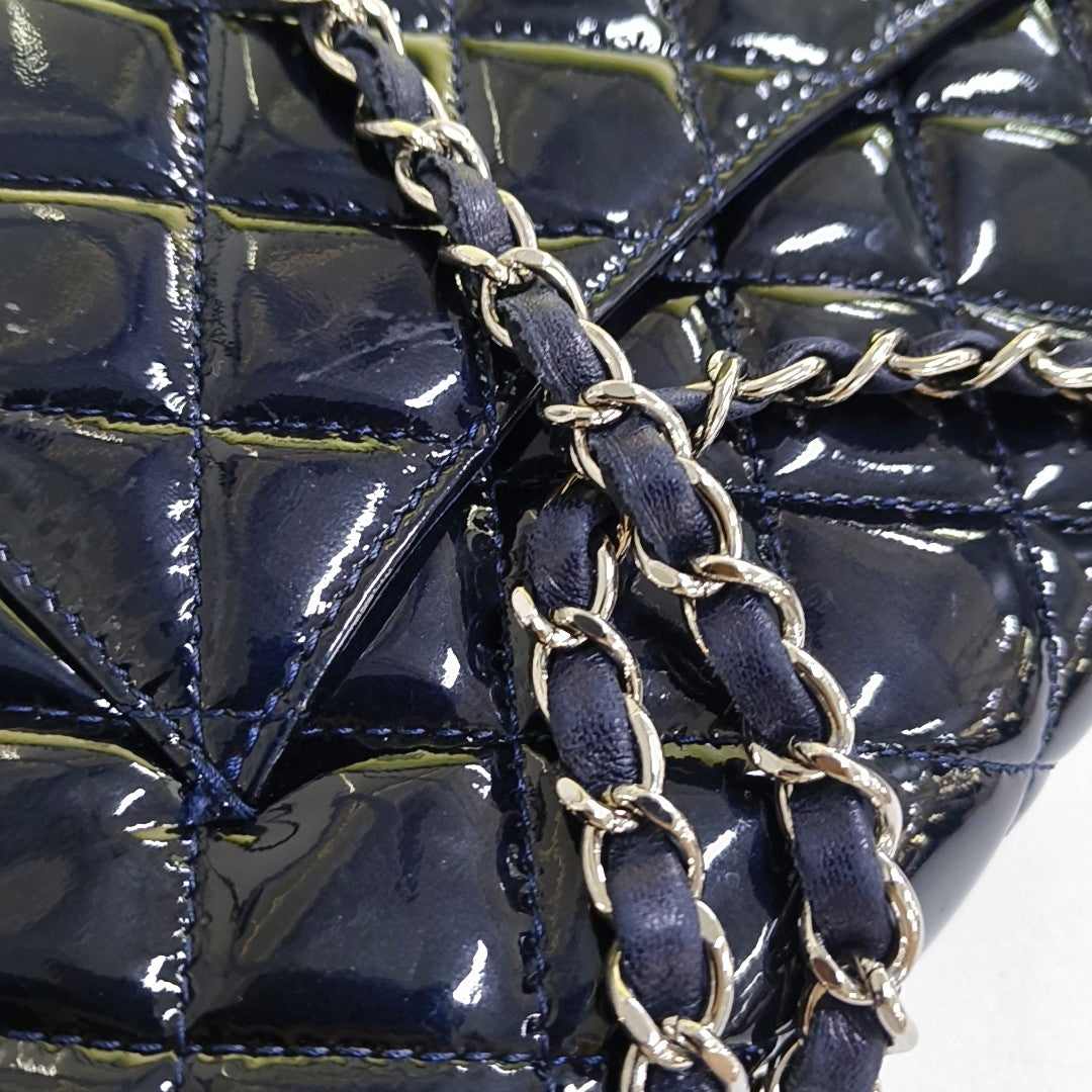 CHANEL CLASSIC FLAP Deep Blue Patent Leather Quilted Bag with Silver Hardware, 19-(SKU)-966563538