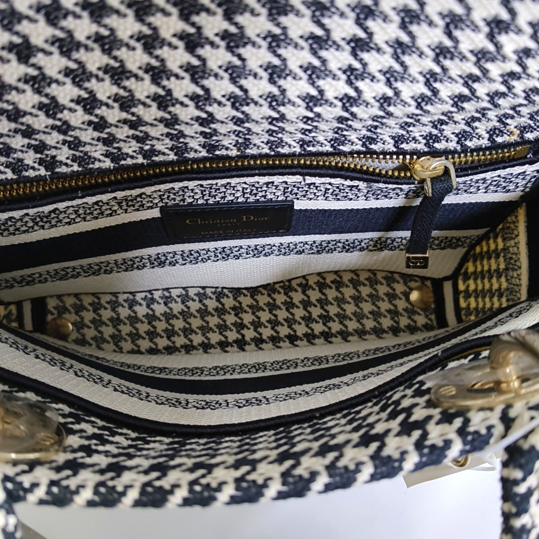 DIOR Lady D-Lite Medium Black Canvas Monogram Embossed Tweed Lady Dior Bag with Detachable Strap-(SKU)-943402222