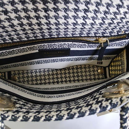 DIOR Lady D-Lite Medium Black Canvas Monogram Embossed Tweed Lady Dior Bag with Detachable Strap-(SKU)-943402222