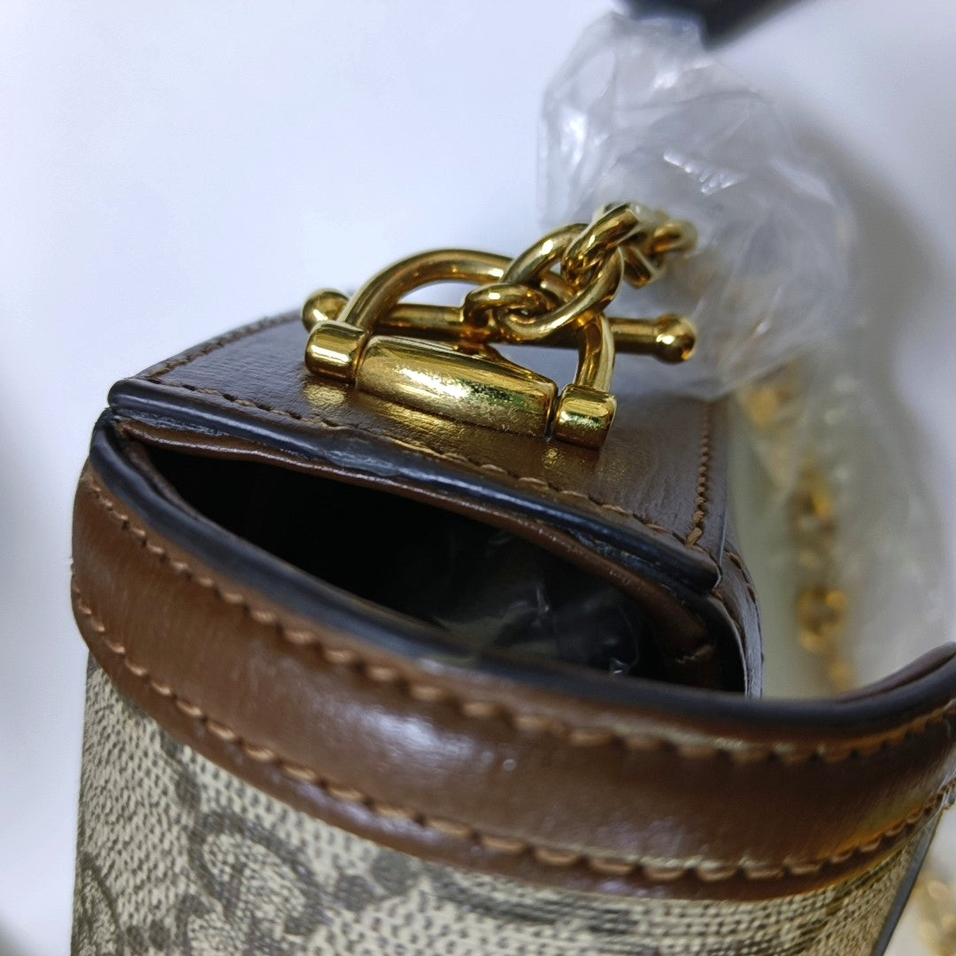 GUCCI Horsebit 1955, khaki coated canvas monogram horsebit shoulder bag, handbag with golden hardware and detachable strap, complete accessories-(SKU)-966902427