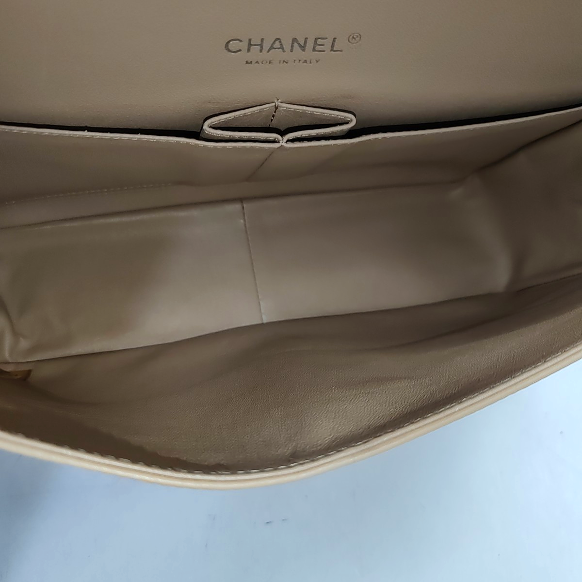 CHANEL CLASSIC FLAP Large Beige Patent Leather Quilted Diamond Pattern Shoulder Bag Handbag Crossbody Bag Silver Hardware 18 Clasp-(SKU)-947914762