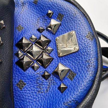 MCM STARK  mini Blue Coated Canvas Monogrammed Stud Double Backpack Silver Black Hardware-(SKU)-943802065