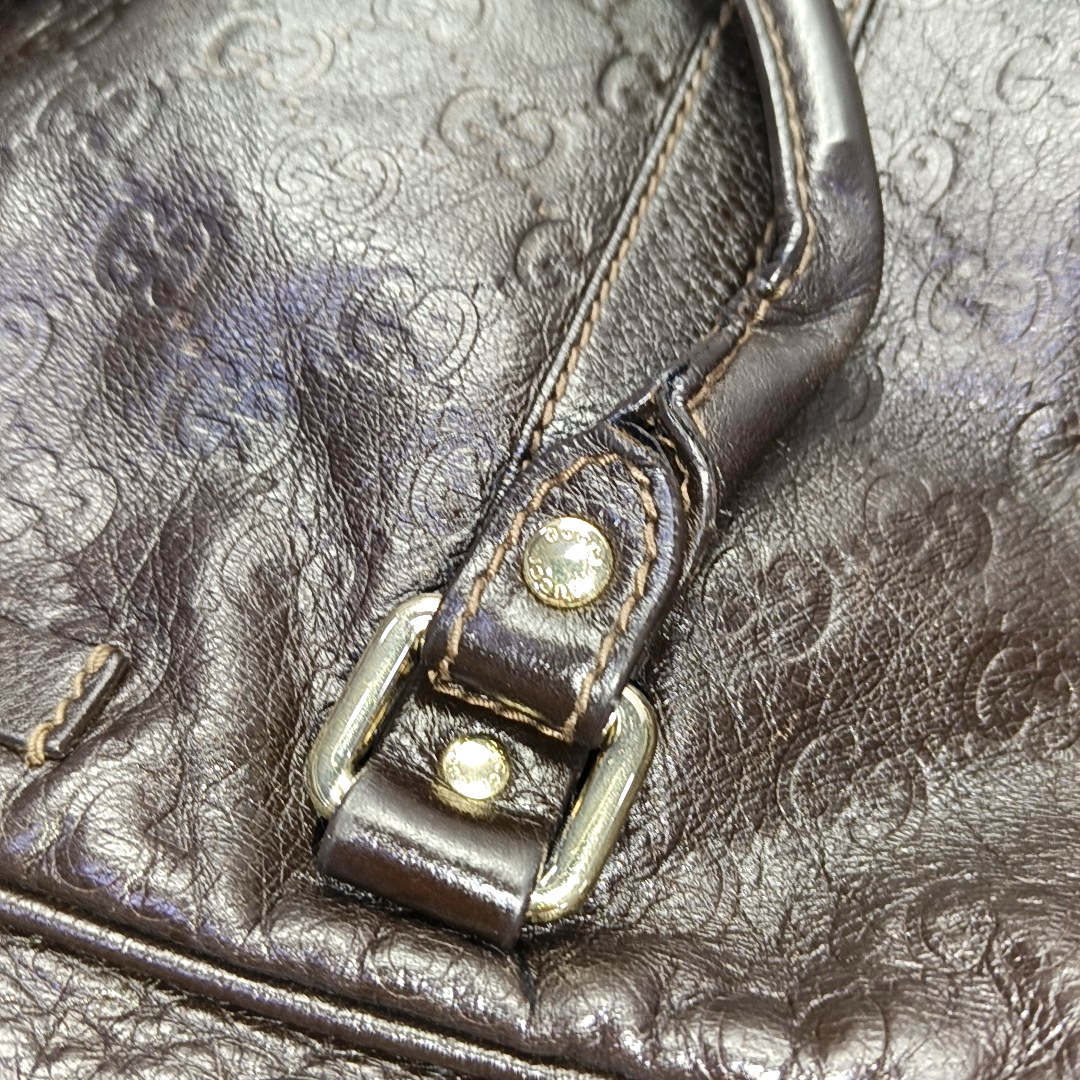 GUCCI Dark Brown Leather Vintage Embossed Tote Shoulder Bag Golden hardware-(SKU)-952168217