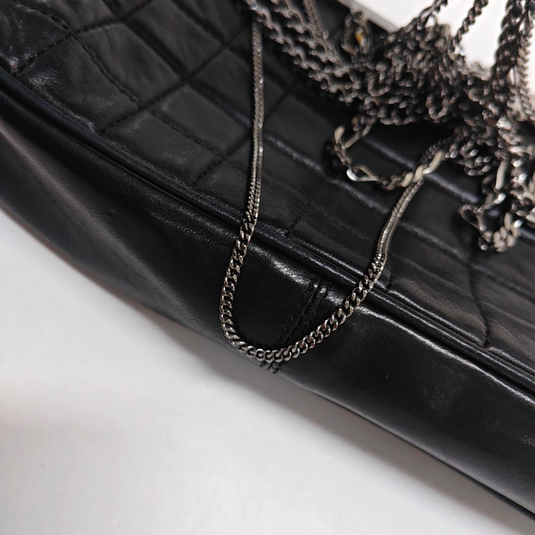 CHANEL CHOCOLATE BAR Black Lamb Skin Quilted Shoulder Bag, Handbag with Silver Hardware, 8 compartments-(SKU)-946413331