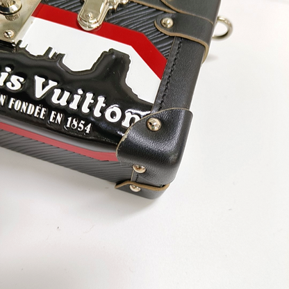 LOUIS VUITTON PETITE MALLE Black Leather Embossed Crossbody Bag Handbag Single Shoulder Bag with Detachable Strap and Silver Hardware-(SKU)-962638559