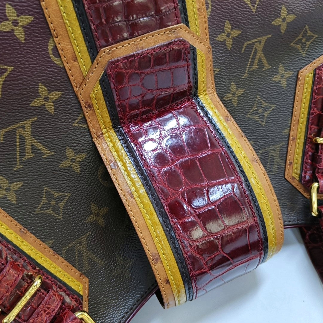 LOUIS VUITTON GRIET Brown Coated Canvas Monogram Crocodile Embossed Handbag with Gold Hardware-(SKU)-967372524