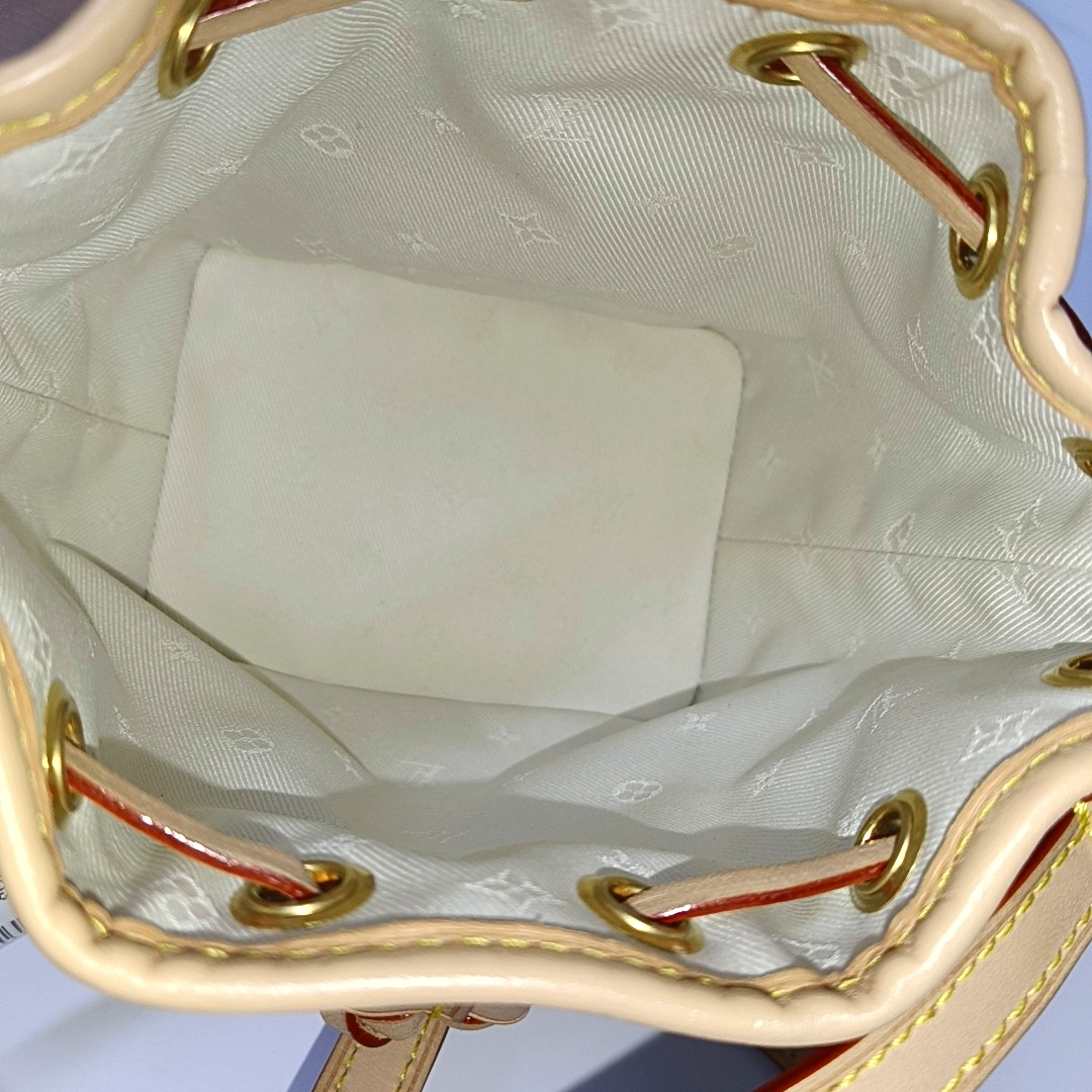 LOUIS VUITTON NOÉ Nano White Canvas Monogram Embossed Shoulder Bag Crossbody Gold Hardware Detachable Shoulder Strap-(SKU)-940367601