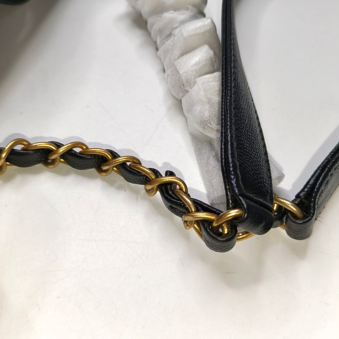 CHANEL DEAUVILLE Black Caviar Leather Studs Shoulder Bag Gold Hardware 28 Clasp-(SKU)-953026430