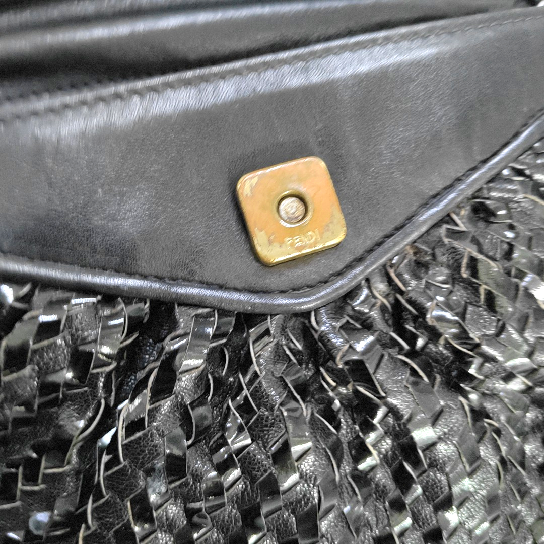 FENDI Black Leather Woven Single Shoulder Handbag Silver Hardware Removable shoulder strap-(SKU)-959209591