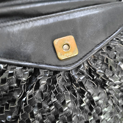 FENDI Black Leather Woven Single Shoulder Handbag Silver Hardware Removable shoulder strap-(SKU)-959209591