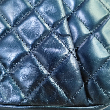 CHANEL CLASSIC FLAP Medium Dark Blue Calfskin Quilted Matelassé Shoulder Bag Rutenium Hardware 22 Clasp-(SKU)-946830693