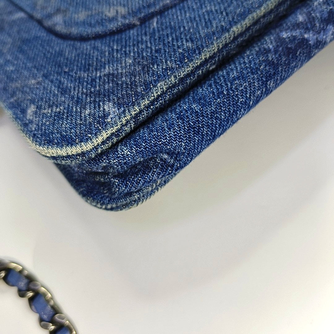 CHANEL WOC Mini Blue Denim Quilted Shoulder Bag with Detachable Strap, Silver Hardware, 28 Compartments-(SKU)-969867526