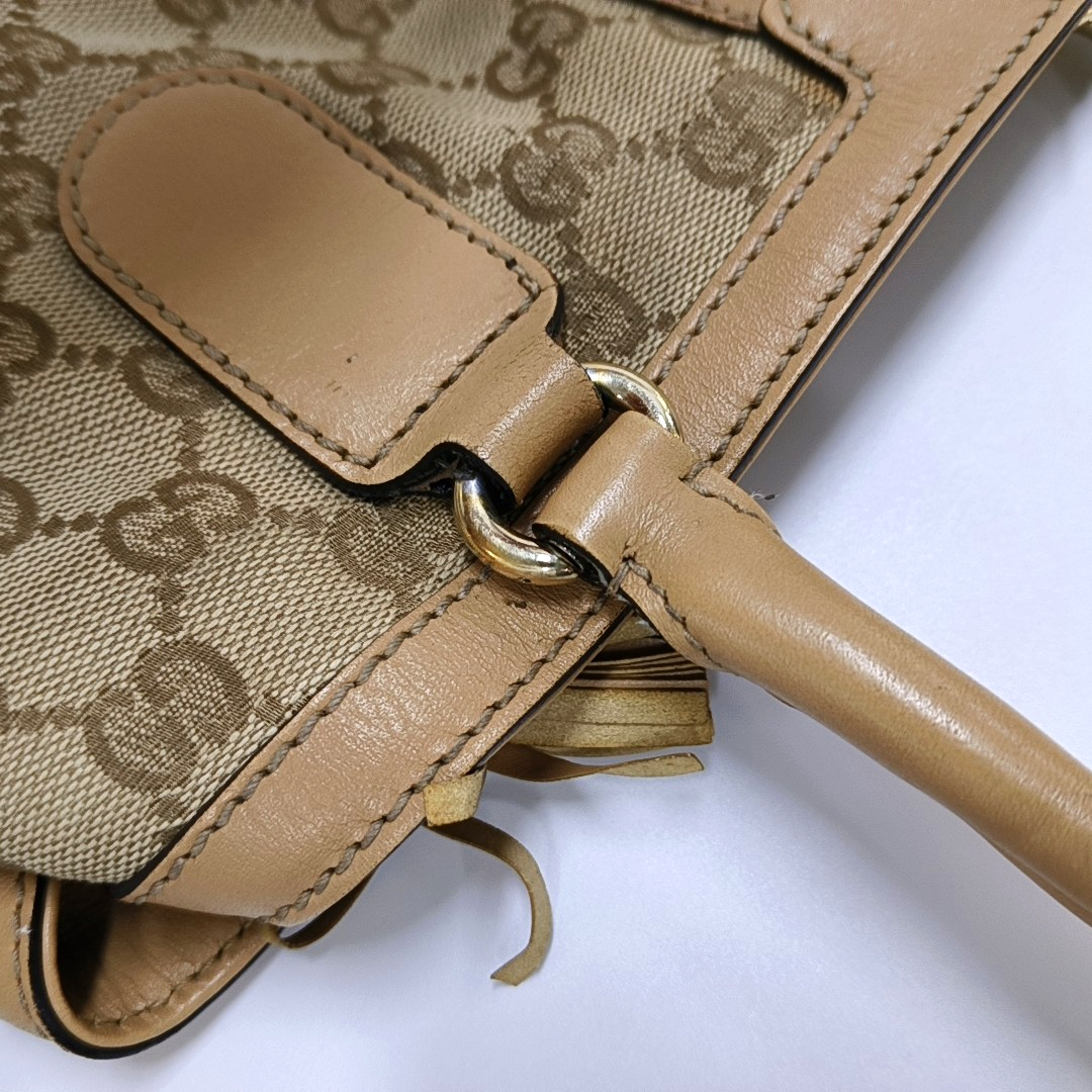 GUCCI Mayfair Khaki Canvas Monogrammed Fringe Handbag Single Shoulder Bag Golden hardware-(SKU)-954107344