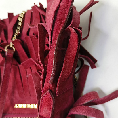 BURBERRY Plum Velvet Leather Fringe Single Shoulder Bag Crossbody Bag Silver Hardware Removable shoulder strap-(SKU)-955725239