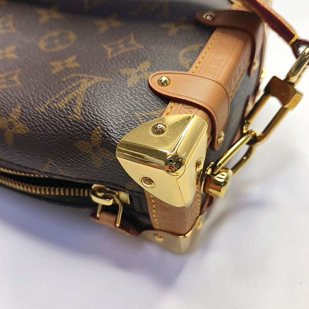 LOUIS VUITTON SIDE TRUNK Small Size Brown Coated Canvas Monogram Stud Soft Box Single Shoulder Bag Tote Bag Crossbody Bag with Detachable Straps-(SKU)-969906636
