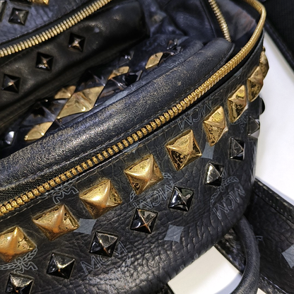 MCM STARK  Small size Black Coated Canvas Monogram Studs Backpack Golden hardware-(SKU)-942517154