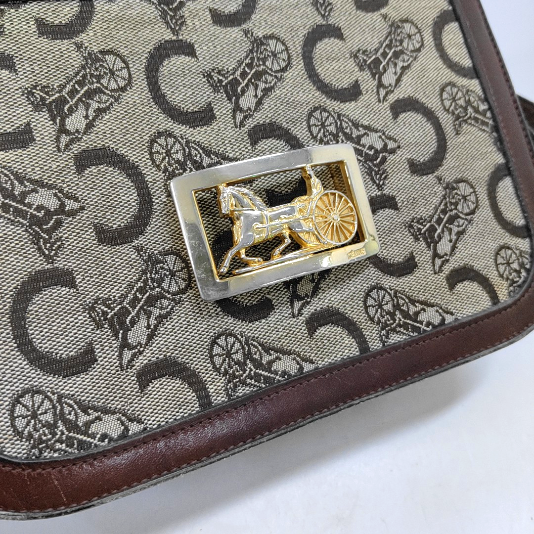 CELINE Khaki Canvas Floral Tofu Bag Single Shoulder Bag Tote Bag Golden hardware-(SKU)-950215776