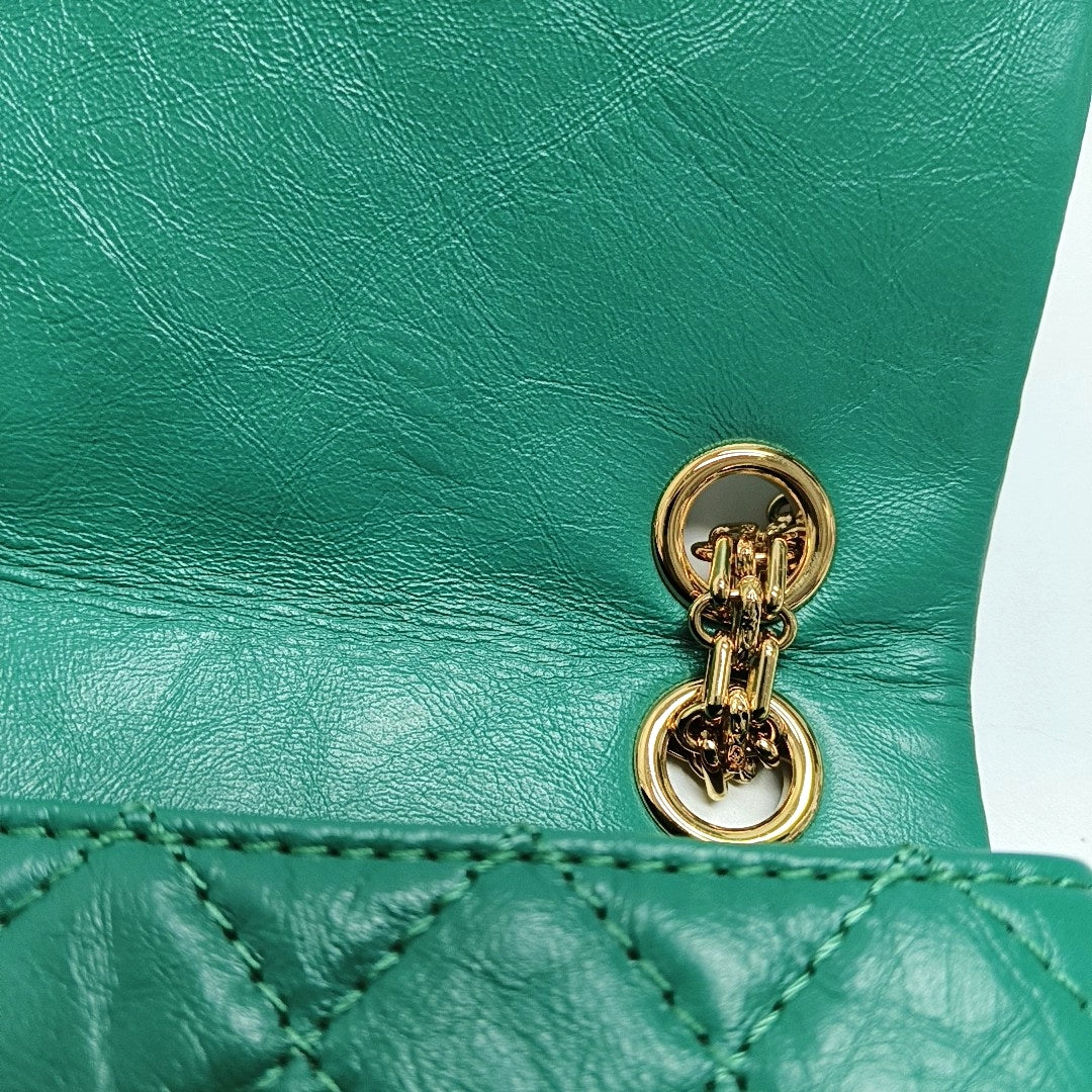 CHANEL 2.55 Mini Green Leather Quilted Chain Crossbody Shoulder Bag with Gold Hardware, 28 Clasps-(SKU)-971035161