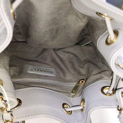 CHANEL DEAUVILLE DRAWSTRING BUCKET Medium Grey Grained Leather Drawstring Bucket Bag Crossbody Bag Single Shoulder Bag Golden Hardware 29cm-(SKU)-951664392