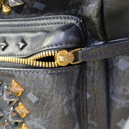 MCM STARK  mini Black Coated Canvas Monogram Studs Backpack Golden hardware-(SKU)-940746737