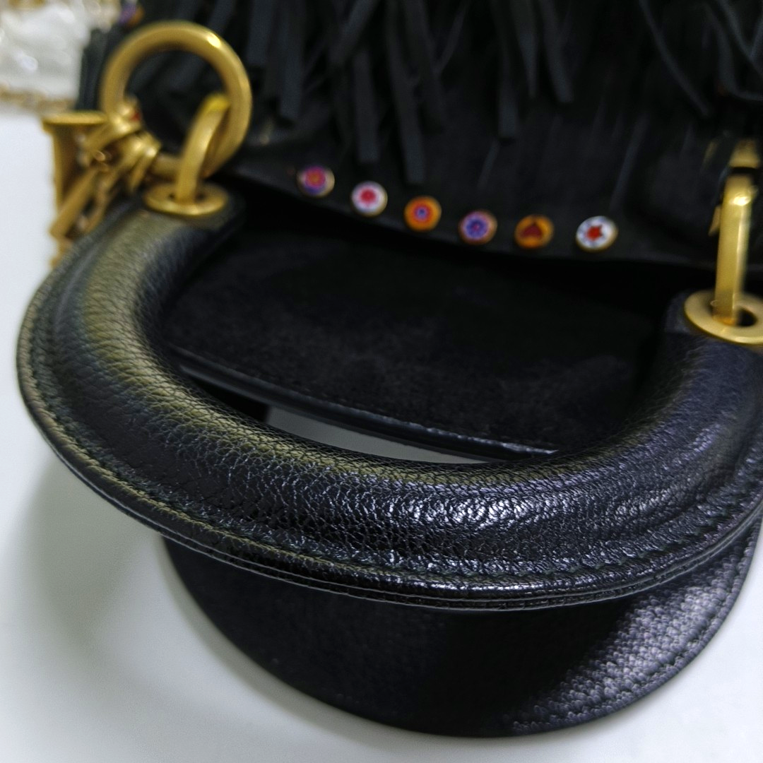 DIOR Lady Dior Mini Black Suede Leather Studded Fringe Crossbody Bag with Gold Hardware, Detachable Strap-(SKU)-961788599