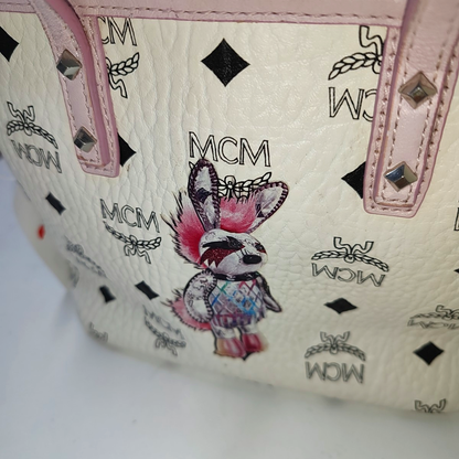 MCM ANYA mini White coated canvas old floral rabbit single shoulder bag Silver Hardware Removable shoulder strap-(SKU)-940066855